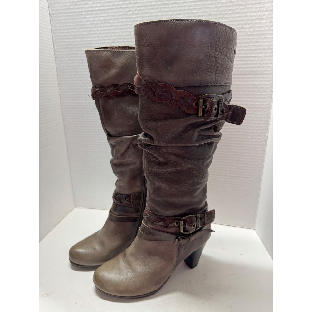 Pikolinos Womens Tall Leather Slouch Boots Taupe Braided Buckle Heel Size 35 5
